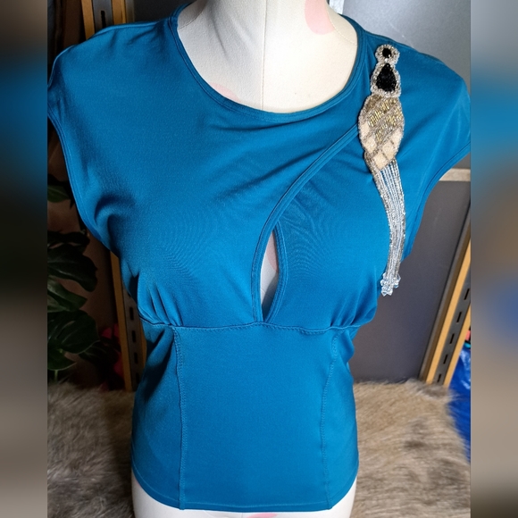 DEADSTOCK • Moda International • Vintage 90s Beaded Keyhole Stretch Blouse [M] - Picture 14 of 16